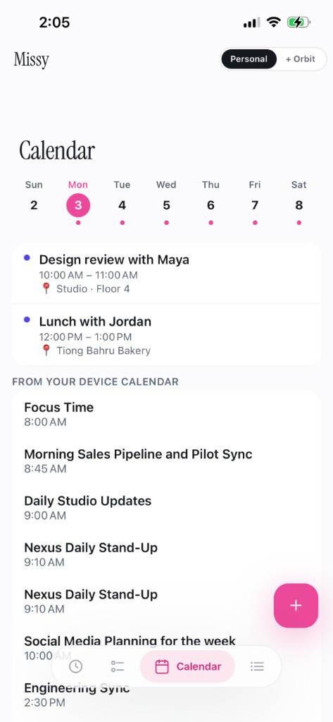 Missy Calendar with events for the day