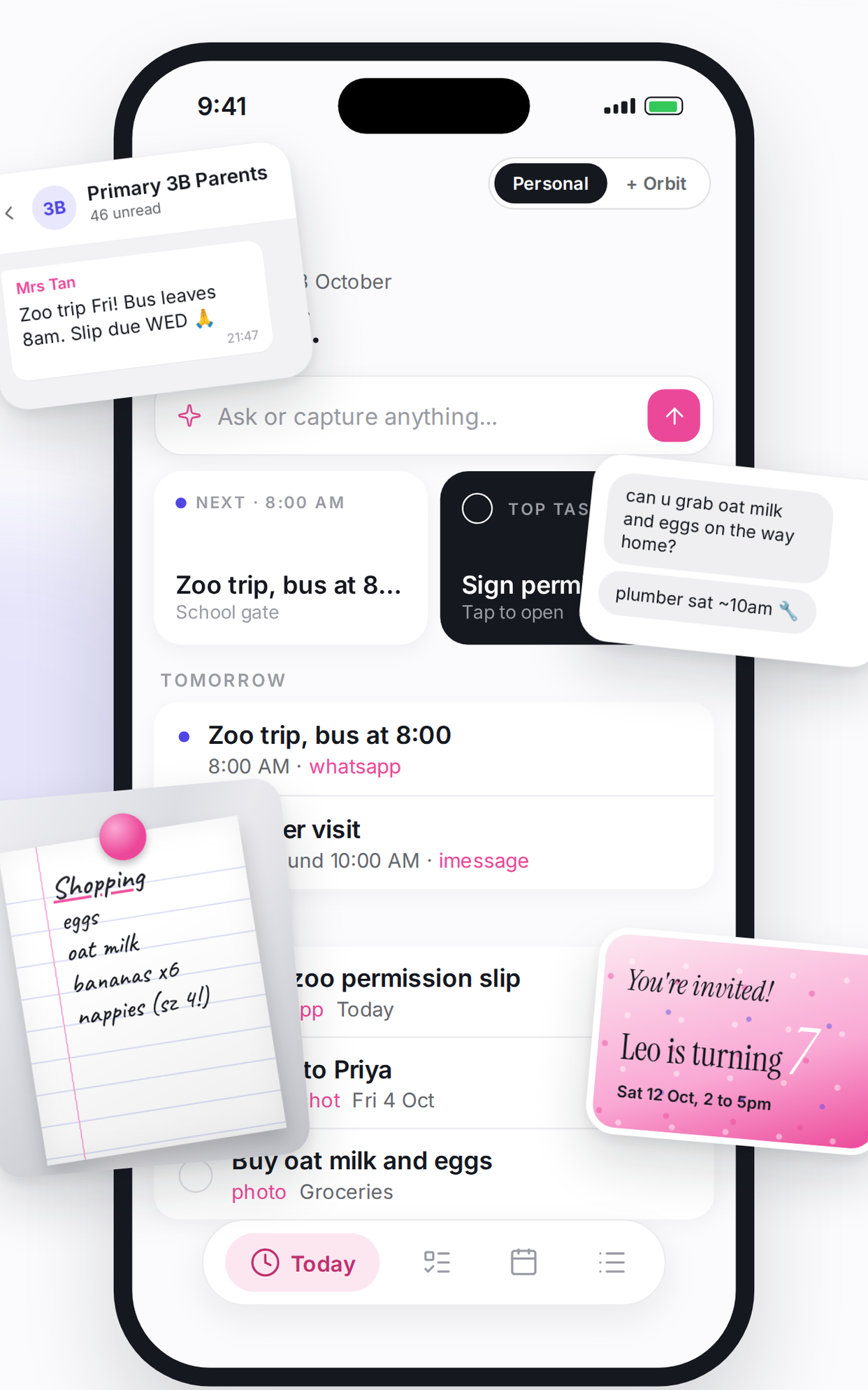 Missy on iPhone, turning a parent chat, a shopping note, and a birthday invite into Today