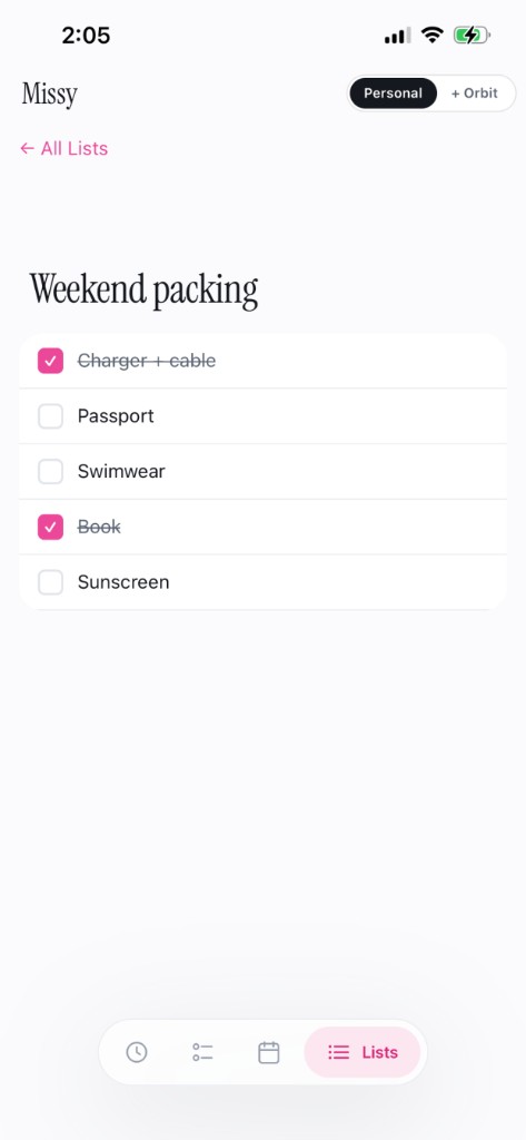 Weekend packing checklist in Missy