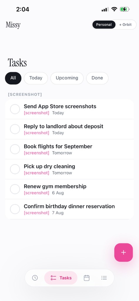 Missy Tasks list with due dates